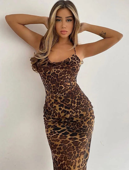 Leopard Print Strappy Cup Detail Midi Dress